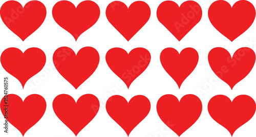 Fifteen solid red heart icons in a grid with varied shapes and sizes love romance