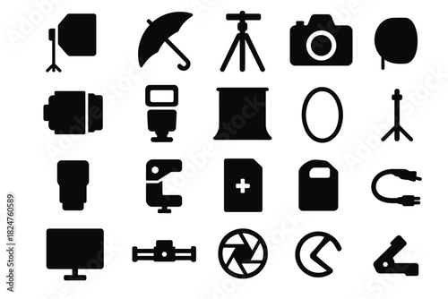 Photography equipment icons: camera, tripod, lighting, flash, lens
