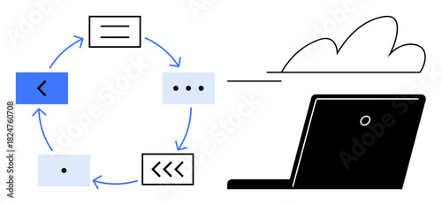 Circular workflow with arrows connecting steps, black laptop, cloud symbol. Ideal for workflow, teamwork, technology, cloud computing, collaboration management IT solutions. Simple flat metaphor