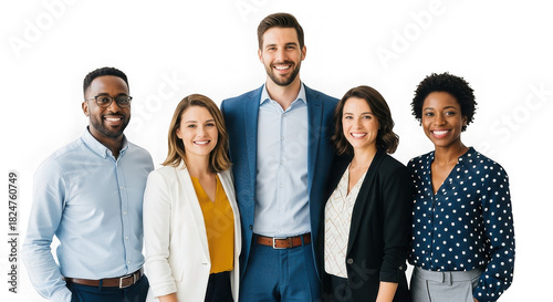 Group of five diverse professionals smiling in business attire against a  transparent  background