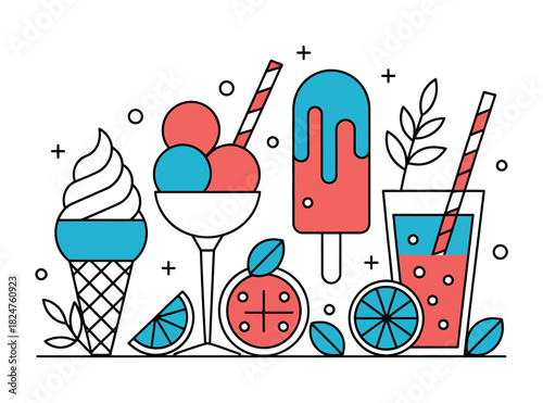 Colorful illustration of various summer treats like ice cream, popsicles, and refreshing drinks.