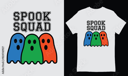 Colorful ghost row with text spook squad on white t-shirt mock up blue ghost green ghost