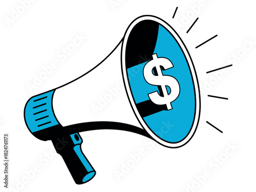 A blue megaphone with a dollar sign inside announces something with radiating lines.