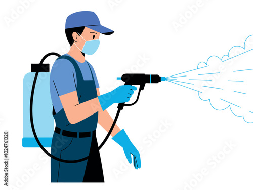 A person wearing a mask and gloves sprays a cleaning solution from a backpack sprayer.