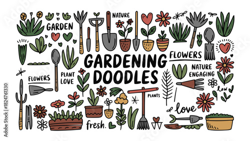 Hand drawn gardening doodle illustration with flowers plants tools and playful typography on white background