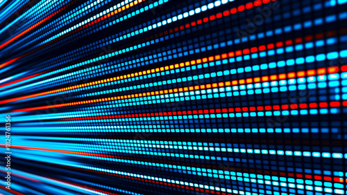 Digital flow. Light dynamics and pixel energy. The illustration shows a bright LED panel where bright multi-colored stripes create the effect of movement and energy. Vector illustration.