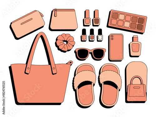 A collection of women's accessories and beauty products arranged on a flat surface.