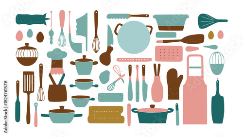 Modern flat kitchen utensil illustration with cooking tools pots whisks knives and chef accessories in pastel colours