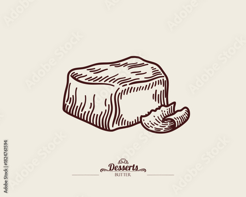 Large piece of butter and curly thin piece of butter. Vintage vector line art illustration.
