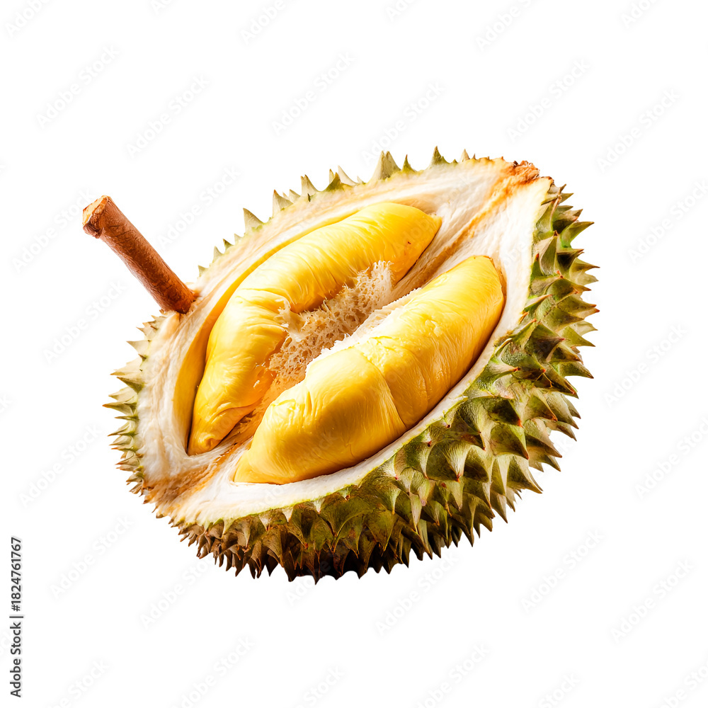 Fototapeta premium Freshly cut durian fruit with ripe yellow flesh isolated on transparent background