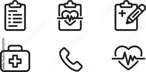 Medical icons including clipboard, heart, first aid, phone, and pencil health healthcare