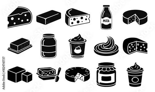 A collection of solid clean and modern icons representing essential dairy products and cheese varieties perfect for food related designs