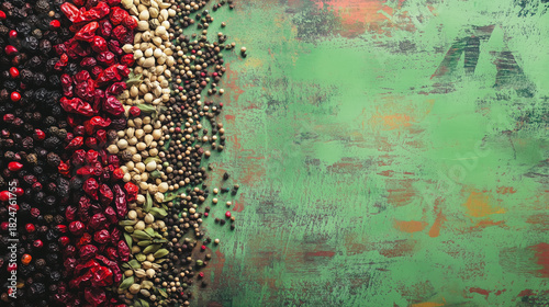 Assorted spices and beans on a vibrant green rustic background.
