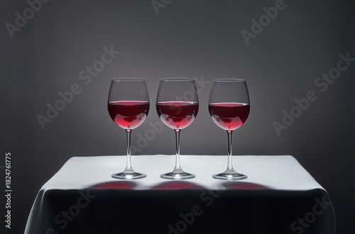 Three glasses of red wine on a white tablecloth with a dark background.