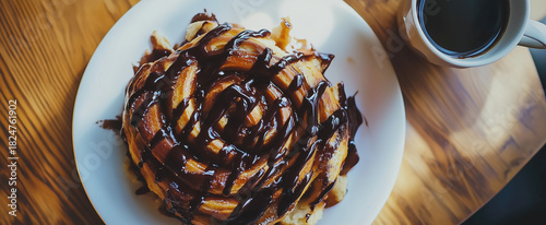 Chocolate-drizzled pastry on a plate beside a cup of coffee on a wooden table.