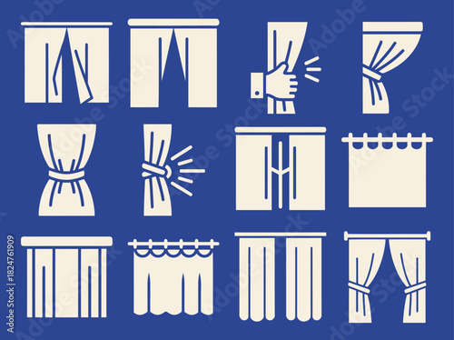 Comprehensive icon set illustrating various curtain motions including opening closing pulling tying gathering sliding and raising presented on a vibrant blue background for diverse design applications
