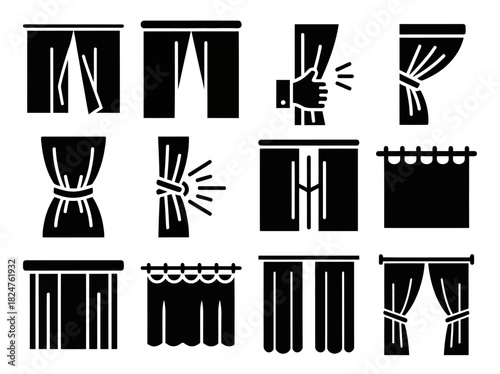 Comprehensive collection of solid filled icons illustrating various curtain motions including opening closing pulling tying gathering sliding and raising for design and interface applications