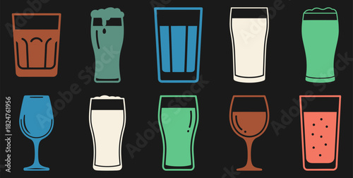 A collection of solid filled black icons representing various happy hour glassware including wine glasses tumblers pint glasses highball glasses and coupe glasses suitable for use on a dark background