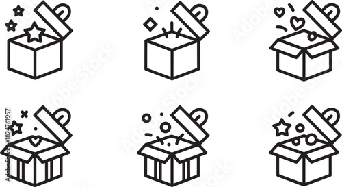 Open gift box icons with stars hearts and confetti on white background present opened