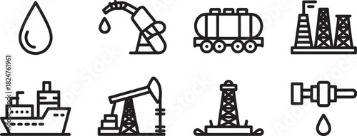 Oil and gas industry icons in outline style on white background Keywords: oil drop, fuel pump, nozzle