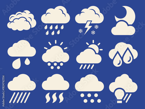 Solid filled icon set featuring diverse cloud weather conditions including cloudy skies rain thunderstorms snow and fog presented on a clean blue background for clear visual representation