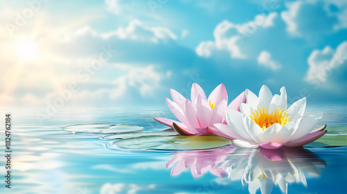 Serene water lilies float on a tranquil pond under a bright, cloudy sky.