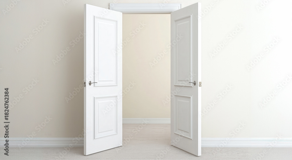 Fototapeta premium Open double doors in a bright, minimalistic interior space.