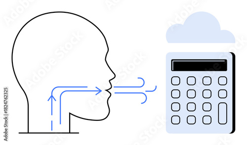 Silhouette of a head with arrows indicating voice commands directed at a calculator linked to a cloud. Ideal for AI, automation, communication, voice control, finance, innovation, technology. Simple