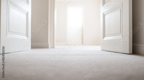 Bright hallway with open doors and soft carpet flooring.