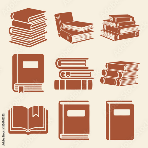 Solid filled icon set representing textbook essentials including an open book a bookmark and a stack of books suitable for educational and learning related graphic design projects