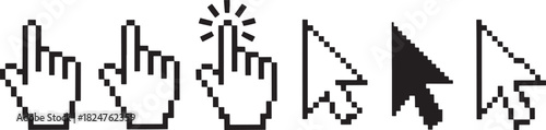Pixelated computer mouse cursors and hand pointers on white background vector illustration