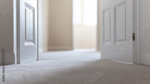 Open white doors leading to a bright, serene room with soft sunlight.