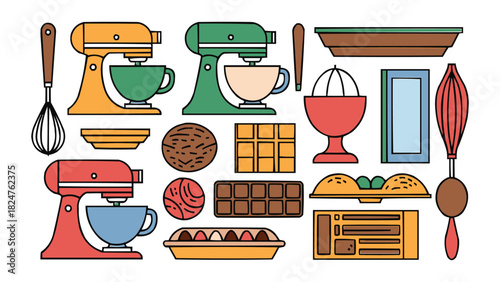 Colourful baking equipment and kitchen utensil icons with hand drawn flat style dessert preparation elements