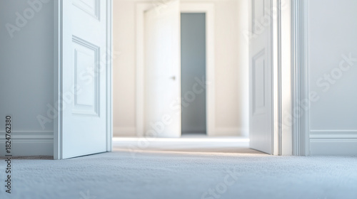 White open doors in a bright, minimalist interior setting.