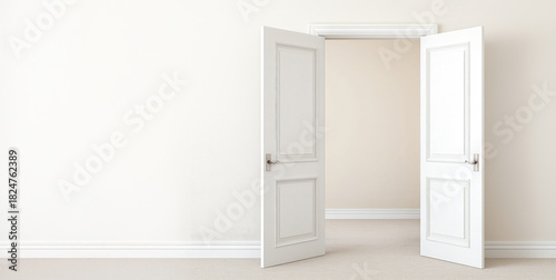 Open white double doors leading to a minimalistic, light-filled room.