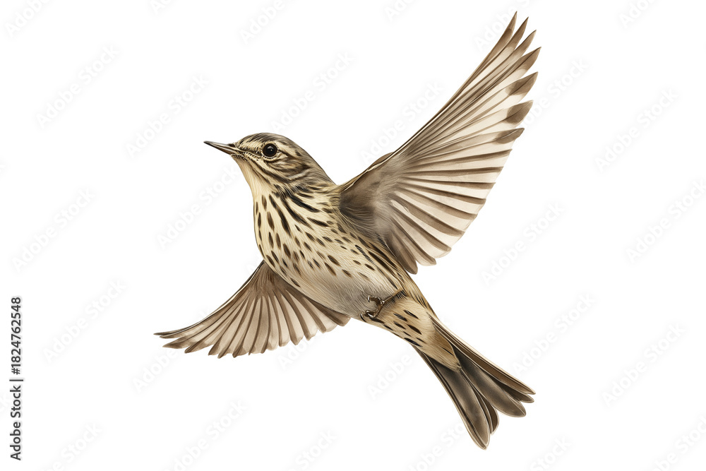 Fototapeta premium Flying European Rock Pipit Watercolor Bird on Branch Isolated on Transparent Background