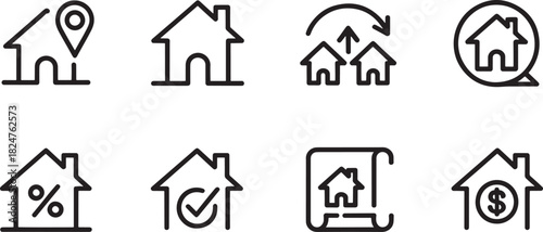Real estate and property icons in a clean outline style on white house home