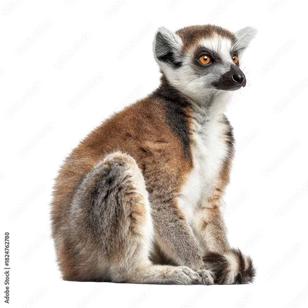 Obraz premium Lemur, A lemur with a bushy tail and bright eyes, resting on a tree limb amidst vibrant green leaves, isolated on transparent background
