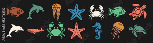 A collection of solid filled icons featuring various ocean creatures including a dolphin whale crab starfish seahorse jellyfish turtle and fish suitable for diverse design projects