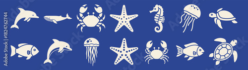 A vibrant collection of solid filled icons featuring iconic ocean creatures like dolphins whales crabs starfish seahorses jellyfish turtles and fish presented against a striking blue background