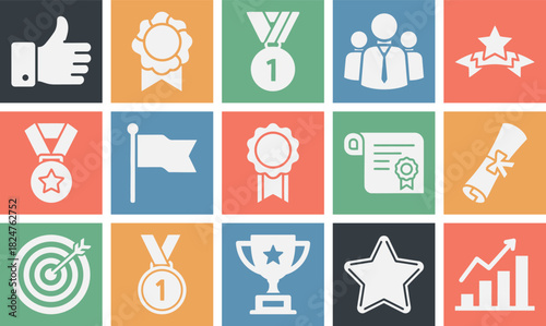 Solid filled icon set representing team achievements including a trophy medal certificate target star and growth chart with various color variations for diverse design applications