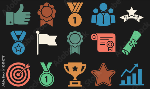 Solid filled icon set representing team achievements including a trophy medal certificate target star and growth chart presented on a black background with vibrant color variations
