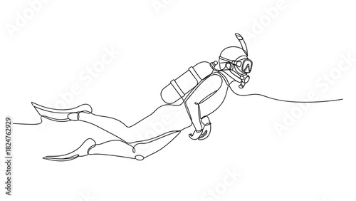 Line drawing of a scuba diver swimming underwater with gear  
