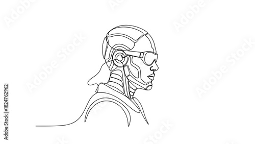 Line art of a futuristic humanoid wearing sunglasses and headset  