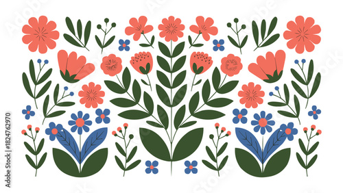 Folk floral ornament with colorful blooming flowers and leaves in Scandinavian style for decorative design, textile, and pattern art