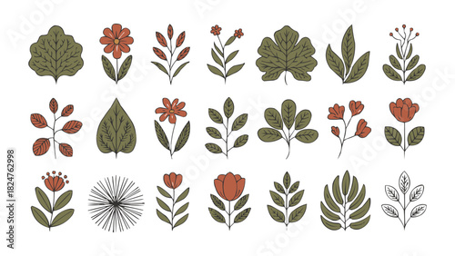 Botanical floral vector collection with hand drawn leaves and flowers in earthy green and terracotta tones for natural design