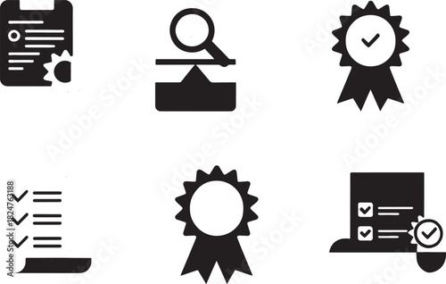Set of six black icons representing quality and verification symbols approval