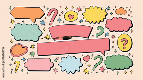 Colorful comic speech bubbles with question marks hearts and stars in playful doodle cartoon style on pastel background