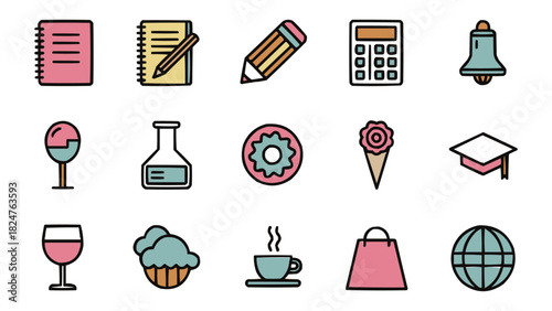 Education and lifestyle icon set featuring school stationery coffee food and travel elements in pastel flat outline style for modern graphic design