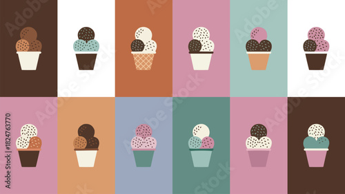 Ice cream cup and cone pattern with colourful scoops in flat minimal style featuring chocolate vanilla and strawberry flavours for dessert design